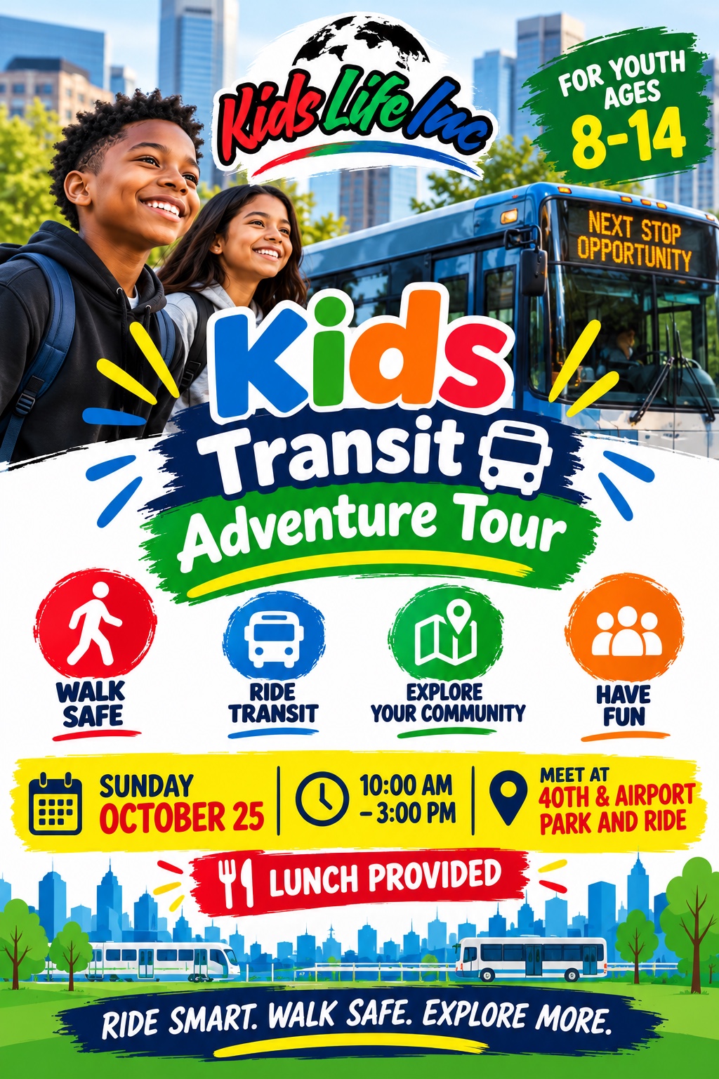 Kids Transit Adventure Tour for youth ages 8–14, Sunday October 25, 10 AM–3 PM. Meet at 40th and Airport Park and Ride. Lunch provided. Walk safe, ride transit, explore your community, and have fun.